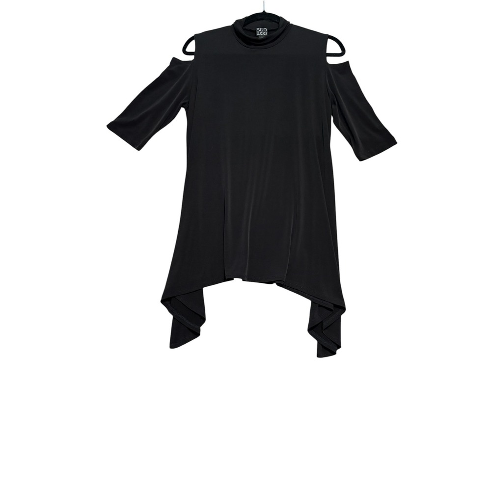 Clara Sunwoo Dress Cold Shoulder Handkerchief Hem Size Small Black Women Stretch
